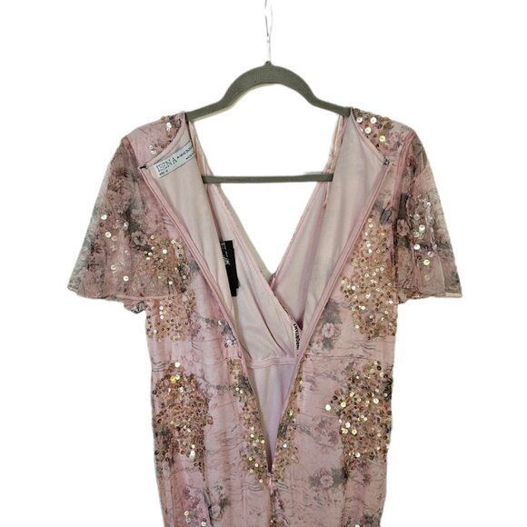 NWT Ieena for Mac Duggal Sequin Mesh Flutter Sleeve Faux Wrap Midi Dress Rose 12 - Picture 10 of 15